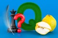 Kids ABC, fluffy letter Q with quill, question mark, queen chess, quince. 3D rendering