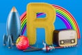 Kids ABC, fluffy letter R with rocket, rainbow, radio, fishing rod, radish. 3D rendering