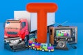 Kids ABC, fluffy letter T with telephone, train, truck, typewriter, TV set. 3D rendering