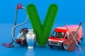 Kids ABC, fluffy letter V with vacuum cleaner, vase, van, violin, 3D rendering