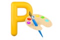 Kids ABC, Letter P with paintbrush with palette. 3D rendering