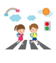 Kids across the road, Students walk across the crosswalk with a traffic light,back to school,Vector Illustration. Royalty Free Stock Photo