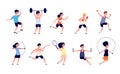 Kids activities. Athletics children, active boy girl characters. Kid sport, play and exercise. Summer games for street