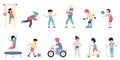 Kids activities, sporting and gaming children. Happy little athletics characters, flat cartoon jumping and running boys