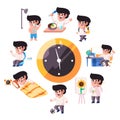 Kids daily activity around the clock from wake up to sleep modern cartoon design illustration