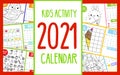 Kids activity calendar. 2021 annual calendar with educational games for kids and toddlers. Printable template