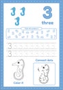 Learn number three. Coloring, tracing sea horse