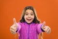 Kids actually like concept. Kid show thumb up. Girl happy totally in love fond of or highly recommend. Thumb up Royalty Free Stock Photo