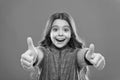 Kids actually like concept. Kid show thumb up. Girl happy totally in love fond of or highly recommend. Thumb up Royalty Free Stock Photo