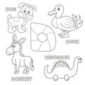 Kids alphabet coloring book page with outlined clip arts. Letter D Royalty Free Stock Photo