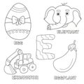 Kids alphabet coloring book page with outlined clip arts. Letter E Royalty Free Stock Photo