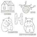 Kids alphabet coloring book page with outlined clip arts. Letter H Royalty Free Stock Photo