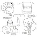 Kids alphabet coloring book page with outlined clip arts. Letter T Royalty Free Stock Photo