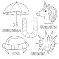 Kids alphabet coloring book page with outlined clip arts. Letter U Royalty Free Stock Photo