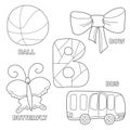 Kids alphabet coloring book page with outlined clip arts to color. Letter B Royalty Free Stock Photo