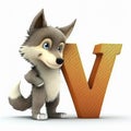 Kids Alphabet. Cute Grey Cartoon Wolf, Standing Near Orange Letter W On White Background. Children Abc Letters. AI