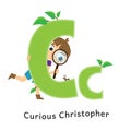 Kids alphabet. English letters with cartoon children characters. C for Curious Christopher boy with magnifying glass