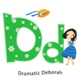 Kids alphabet. English letters with cartoon children characters. D for Dramatic Deborah girl lost hat