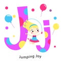 Kids alphabet. English letters with cartoon children characters. J for jumping Joy. Girl playing with jumping rope Royalty Free Stock Photo