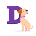 Kids alphabet with pretty dog. Cute beige cartoon animal, standing near purple letter D on white background. Children