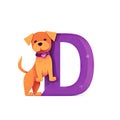 Kids alphabet with pretty dog. Cute cartoon animal, standing near purple letter D on white background. Children abc