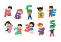 Kids alphabet vector children font and boy or girl character holding alphabetic letter or number illustration