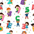 Kids alphabet vector children font and boy or girl character holding alphabetic letter or number illustration Royalty Free Stock Photo