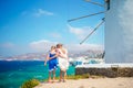 Kids with amazing view on Little Venice the most popular tourist area on Mykonos island Royalty Free Stock Photo