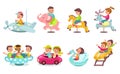 Kids in amusement park. Children ride on different carousels. Happy boys and girls in cars. Teenagers riding animals