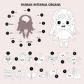 Kids anatomy human female body. Cute girl and scheme internal organs. Funny characters organs with faces, name and