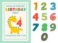 Kids anniversary numbers. Funny font design. Cute animal with candle in shape of four. Birthday card. Little dinosaur