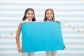 Kids announcement concept. Amazing surprising news. Girl hold announcement banner. Girls kids holding paper banner for