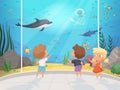 Kids in aquarium. Childrens with teacher in big water museum underwater different fishes ocean fauna happy people vector