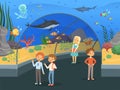 Kids in aquarium. Family walk thru underwater museum with fishes and algae big aquarium tank vector background