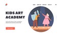 Kids Art Academy Landing Page Template. Children in Theatrical Costumes of Knight and Fairy Playing Roles on Stage