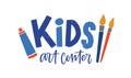 Kids art center flat vector logo. Children development creative studio label. Colorful lettering and painting supplies