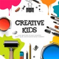 Kids art craft, education, creativity class concept. Banner or poster with white square paper background, hand drawn