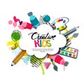 Kids art craft, education, creativity class. Vector banner, poster with white cloud shape paper background.