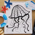 Kids art craft, how to paint sea jellyfish, sketch workshop, how to drawing by hand. Flat lay top view. Paint picture