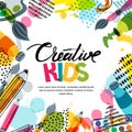 Kids art, education, creativity class concept. Vector banner, poster background with calligraphy, pencil, brush, paints. Royalty Free Stock Photo