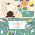 Kids Art-working process. Kids creativity illustration. Top view with creative kids hands.