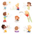 Kids artists. Childrens playing and drawing painting with colored crayons on paper vector funny cute characters