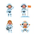 Kids astronauts. Cartoon boys and girls in spacesuits. Children explore space. Cute characters with greeting gestures