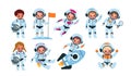 Kids astronauts. Happy little children in cosmic suits, space explorers with flags, helmets, and rocket. Girls and boys