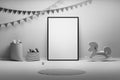 Kids baby room with empty blank frame toys and decorative flags in black and white