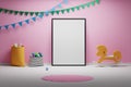 Kids baby room with empty blank frame toys and decorative flags