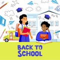 Kids back to school, banner or poster design. Vector illustration of girl with books and boy with pen and notebook Royalty Free Stock Photo