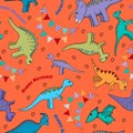 Kids background for a birthday with dinosaurs and flags