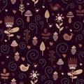 Kids background with cute birds and plants in colors of brown, beige, black and white