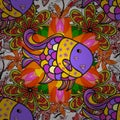 Kids background.Fishes on gray, yellow and violet
